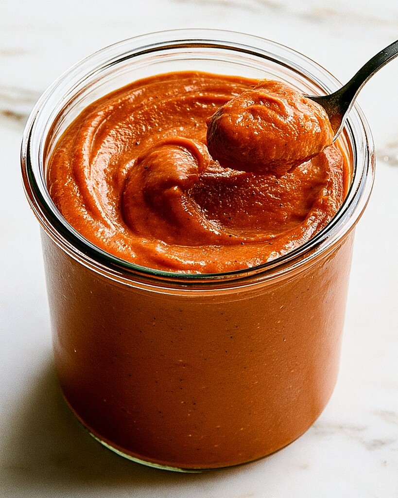 Thick, smooth reddish-brown pumpkin butter being transferred into a glass jar with a serving spoon
