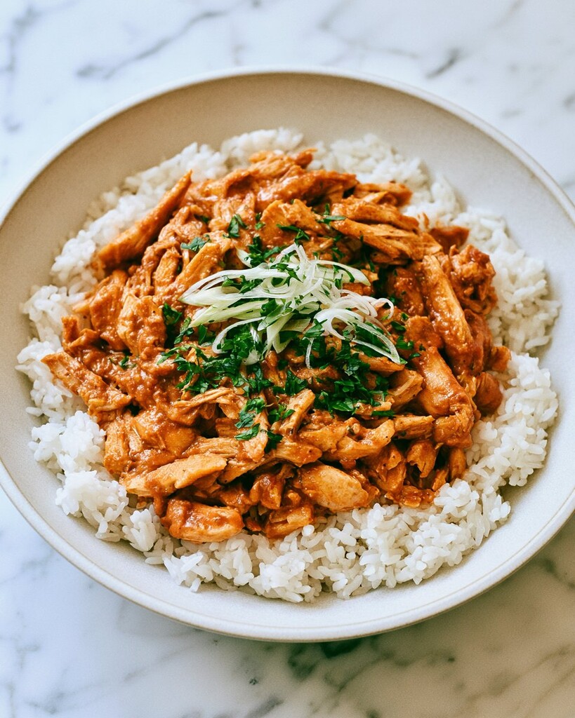 Shredded Cajun garlic butter chicken over fluffy white rice in a shallow bowl garnished with green onions and parsley