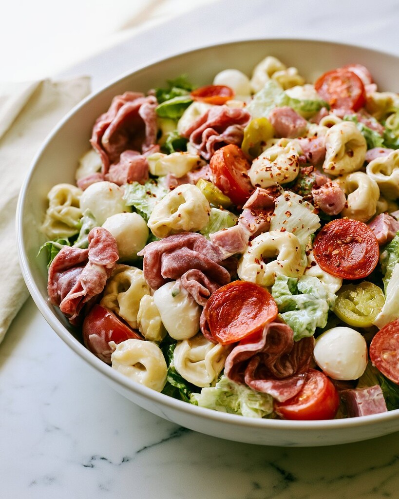 Creamy Italian grinder tortellini salad tossed and ready to serve with crushed red pepper flakes