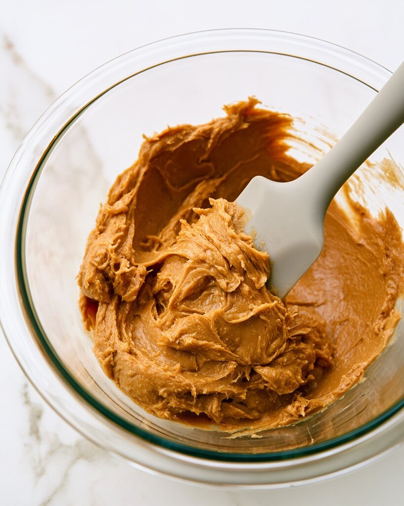 Thick, smooth cookie dough in a glass bowl with a silicone spatula