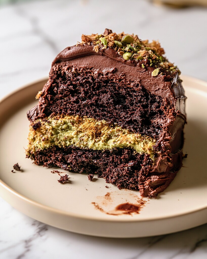 A slice of Dubai chocolate pistachio cake on a light plate showing the green crunchy center