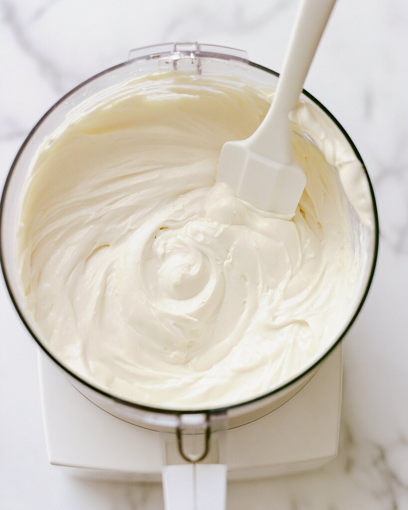 Smooth and creamy whipped cheese filling inside a food processor bowl