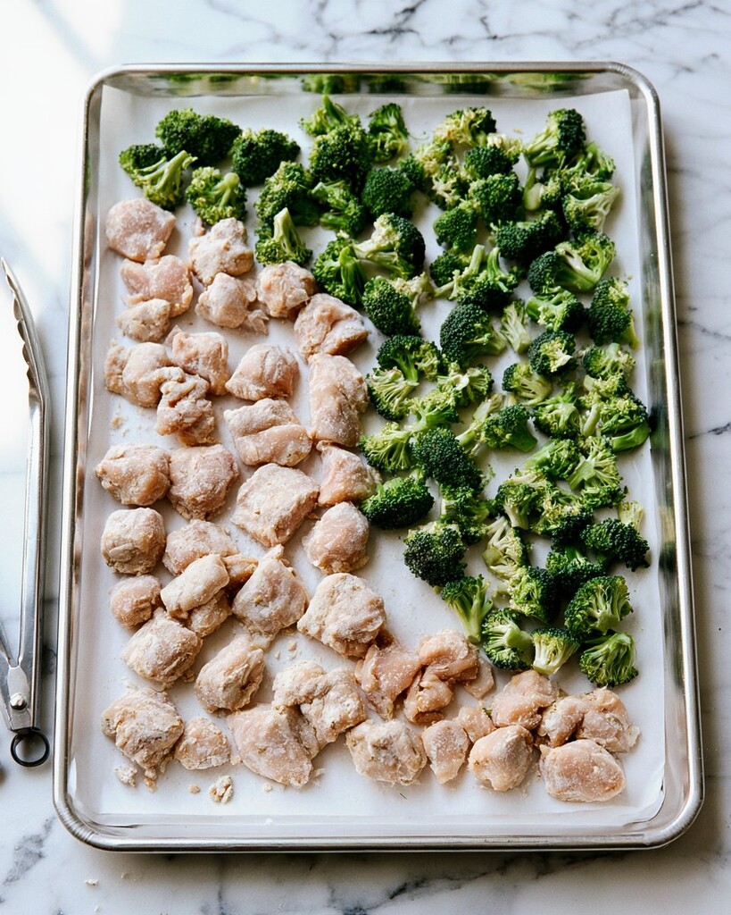 Raw cubed chicken dusted with cornstarch on one half of a lined baking sheet with fresh broccoli florets on the other