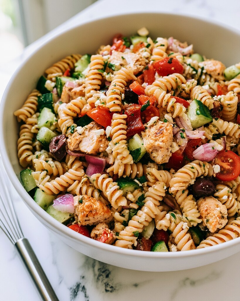 Large white mixing bowl containing cooked pasta, vegetables, and chicken tossed in vinaigrette