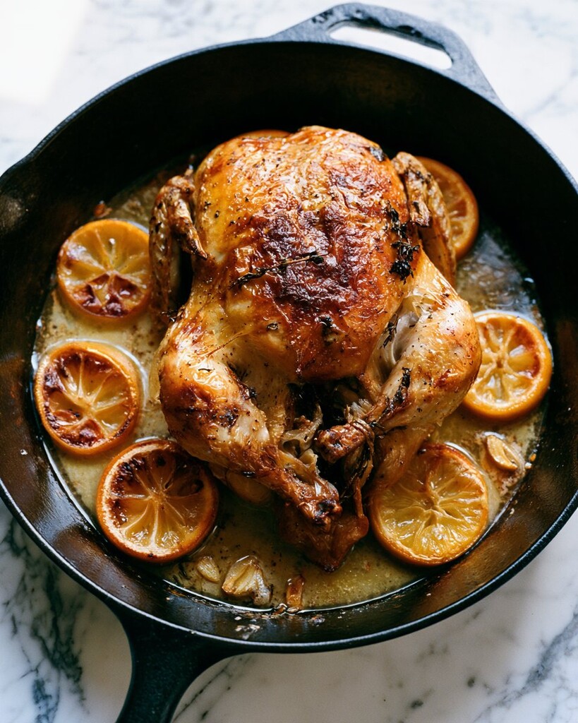 Golden brown roast chicken in a cast-iron skillet with caramelized lemon rounds