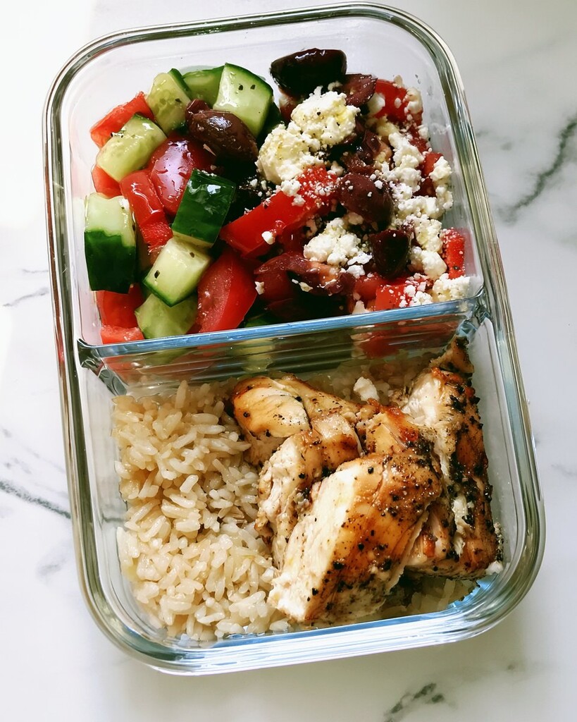 Sliced chicken and rice next to a colorful vegetable salad in a glass container