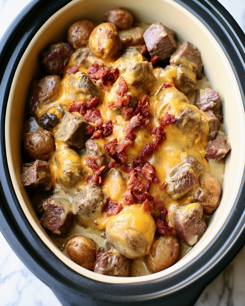 Melted cheddar cheese and crumbled bacon covering steak and potatoes inside a slow cooker