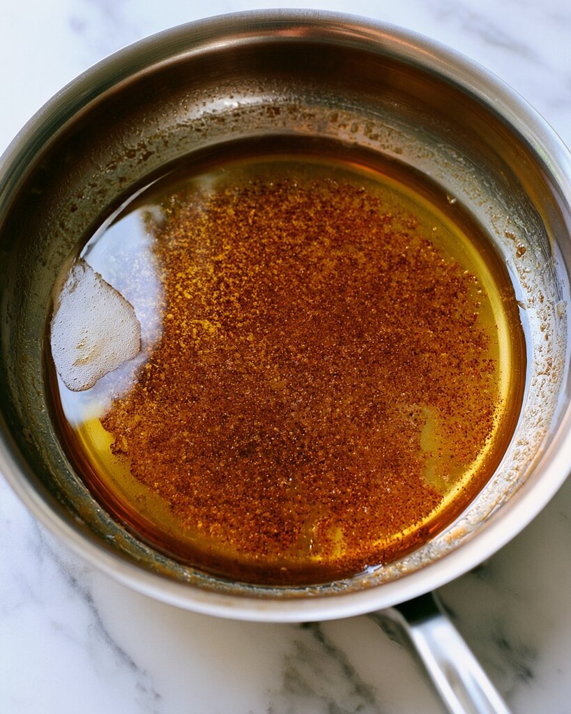 Melted browned butter in a small metal pot showing toasted brown specks