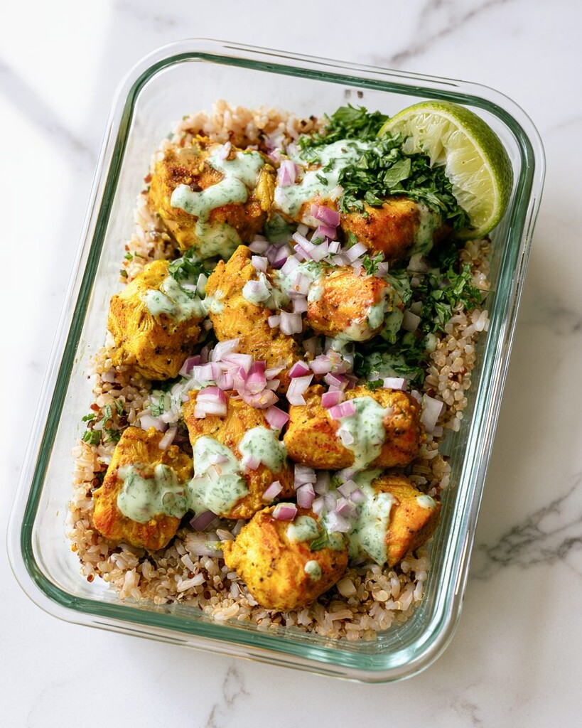 Glass meal-prep container layered with brown rice, curried chicken, red onions, and cilantro