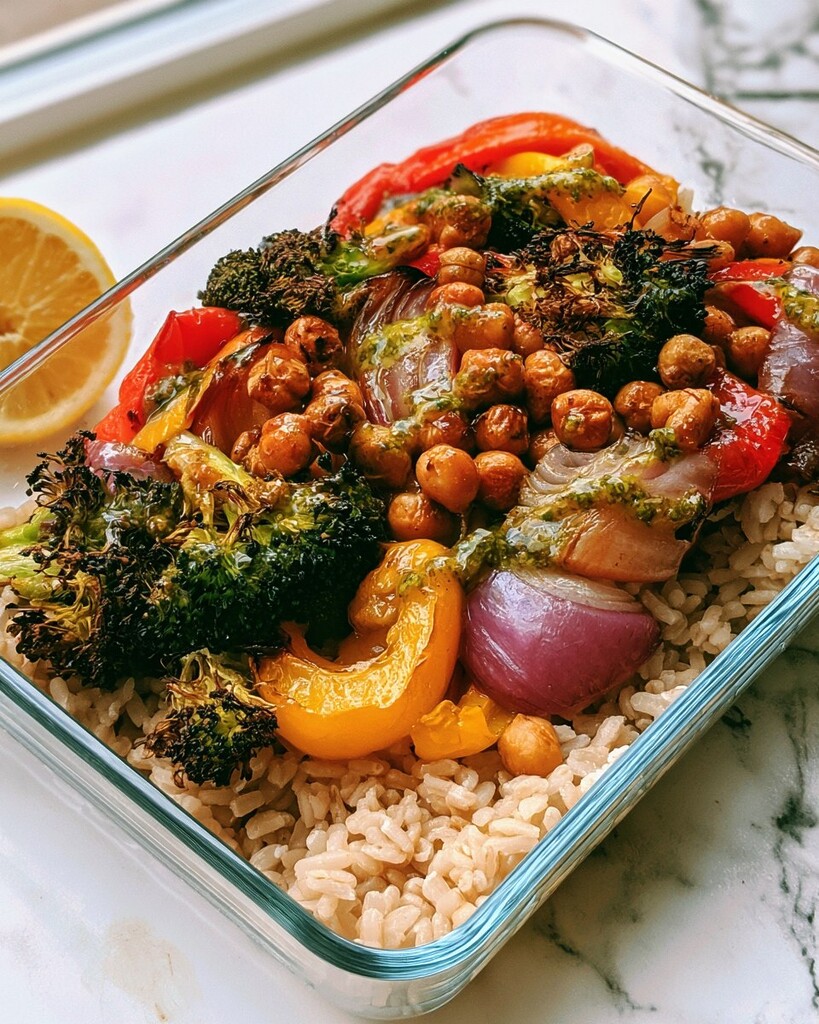 Bright green pesto dressing being drizzled generously over a glass bowl of roasted vegetables, chickpeas, and rice