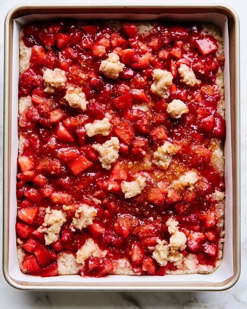 Diced red strawberries and scattered dough crumble layered over a shortcake base