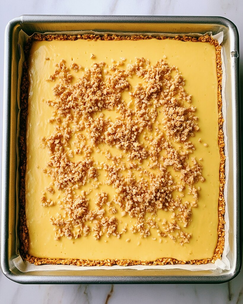 Smooth yellow lemon filling poured over the par-baked crust with oat crumb scattered on top