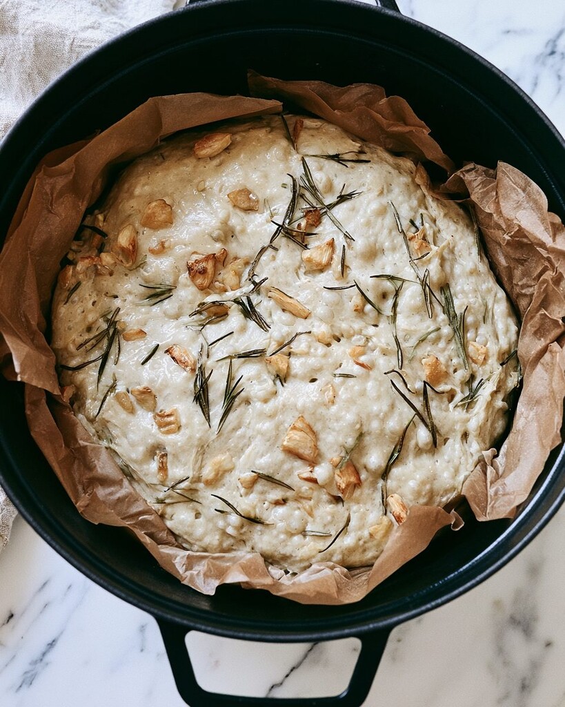 Round proofed dough resting on parchment paper inside a Dutch oven, garnished with rosemary