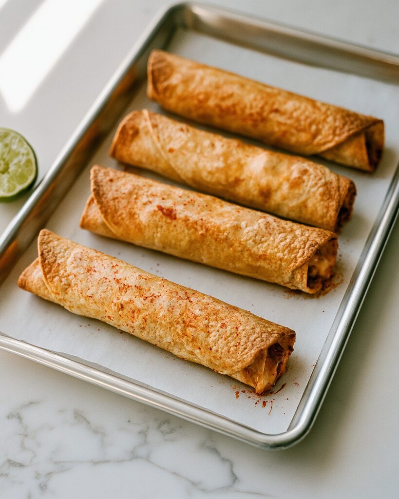 Baked beef taquitos looking deeply golden and blistered on a metal baking sheet in the oven.