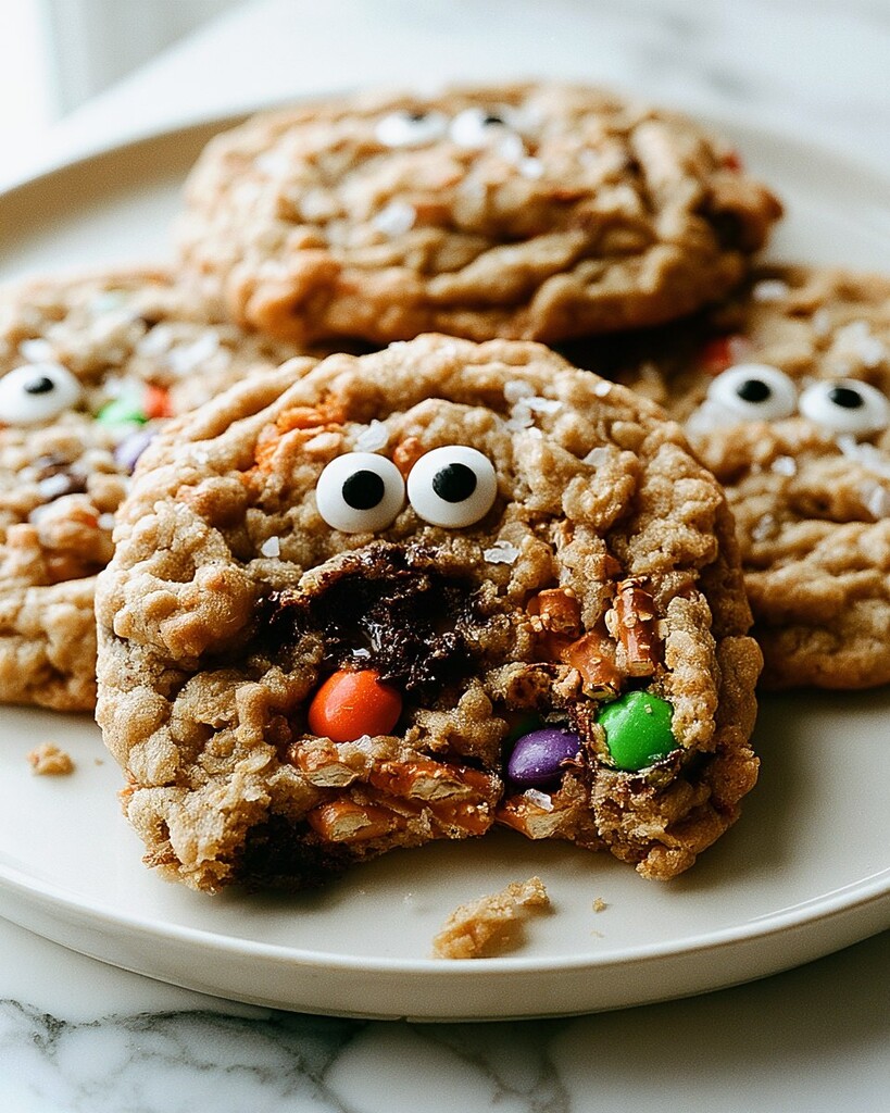 A halved cookie on a serving plate showing a soft center with melted chocolate and salted pretzel
