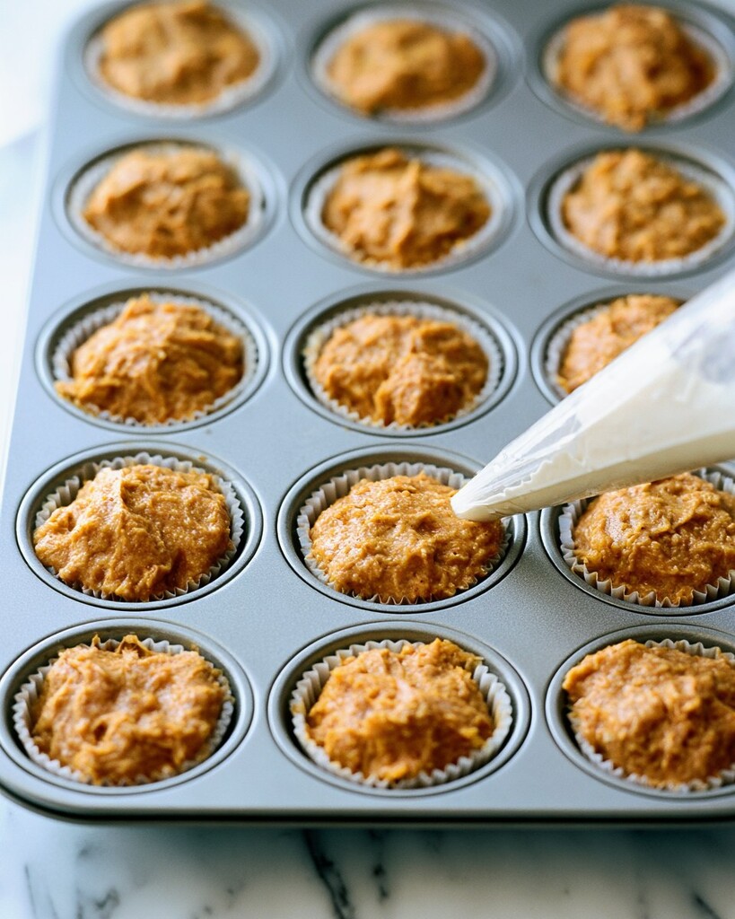 A piping bag injecting white cream cheese filling into bright orange muffin batter in a lined tin