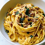 Brown Butter Pumpkin Alfredo with Toasted Pecan-Sage Crunch Pumpkin alfredo pasta in a white bowl garnished with cheese and sage