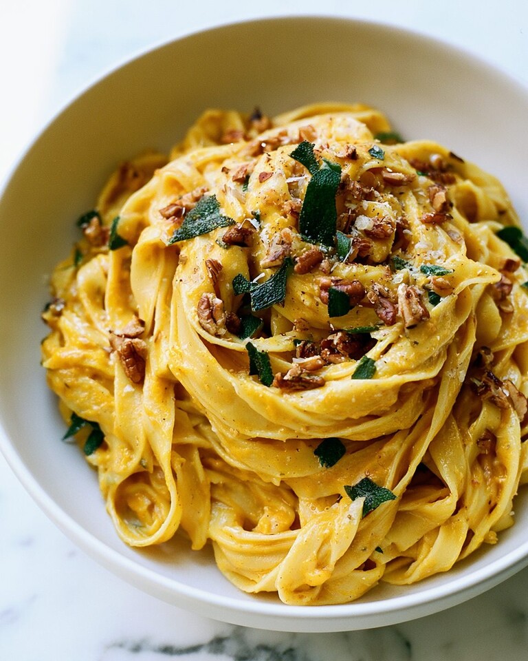 Brown Butter Pumpkin Alfredo with Toasted Pecan-Sage Crunch Pumpkin alfredo pasta in a white bowl garnished with cheese and sage