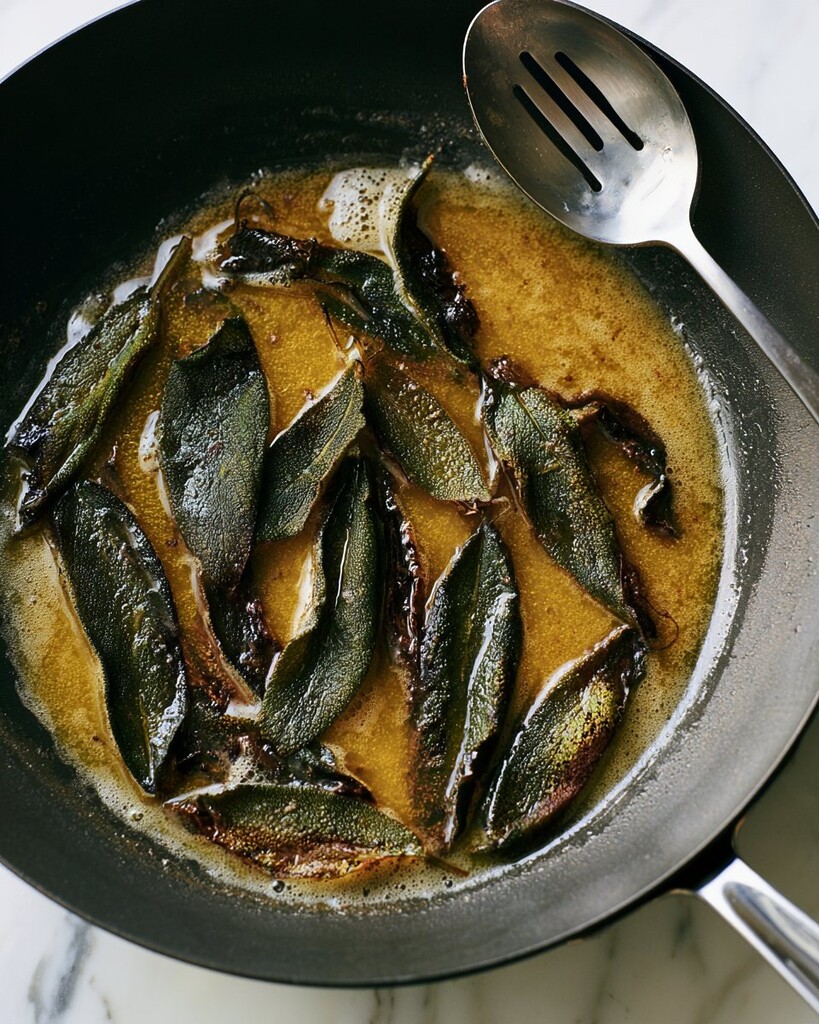 Frying fresh sage leaves in foaming brown butter inside a black skillet