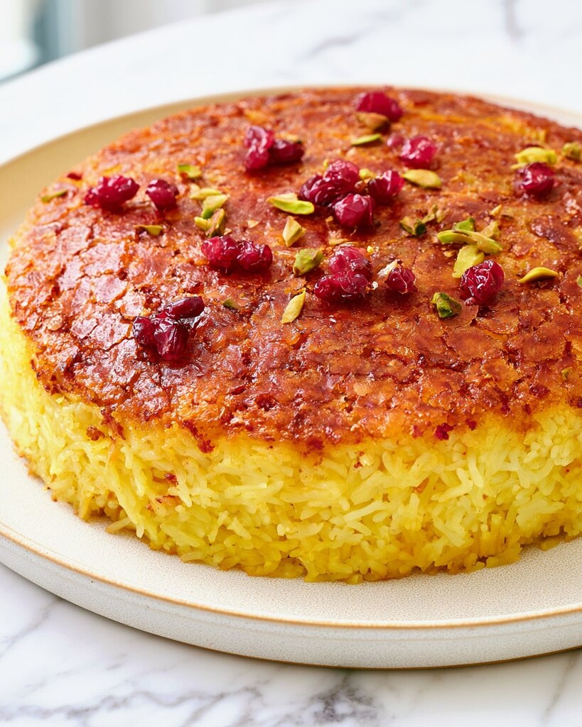 Close up of crispy golden rice crust sprinkled with bright red barberries and green pistachios
