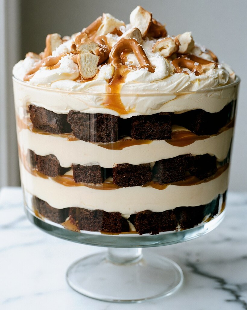 Fully assembled salted caramel brownie trifle topped with cream and pretzels in a glass bowl