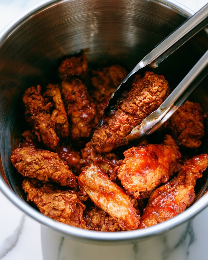Metal tongs tossing crispy chicken tenders inside a large metal bowl to coat them evenly in red glaze