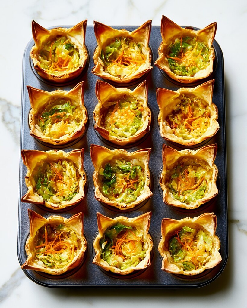 Baked dumpling cups in a muffin tin with browned edges