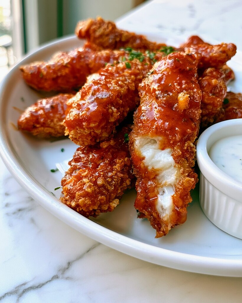 A broken baked chicken tender showing a crispy outer crust and fully cooked white chicken meat inside