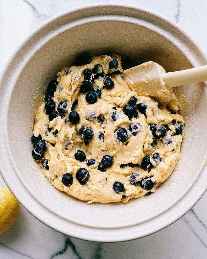 Thick cookie dough in a mixing bowl with scattered blueberries and a silicone spatula