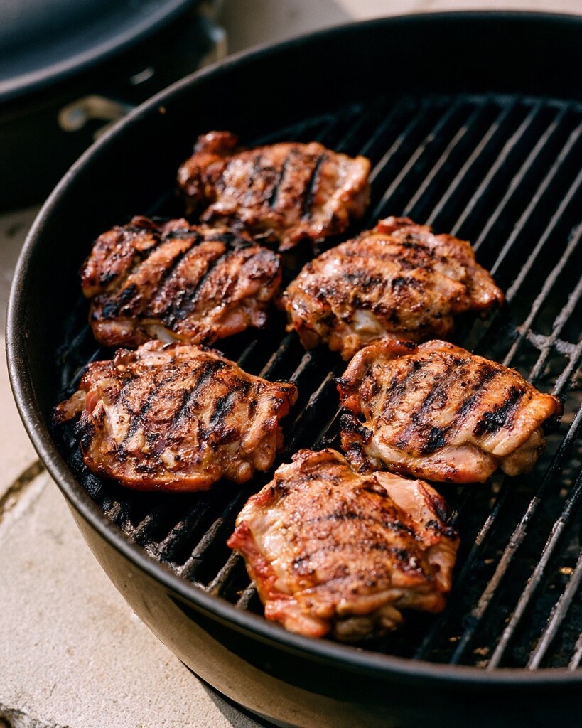 Chicken thighs searing on a hot grill with dark grill marks forming on the edges