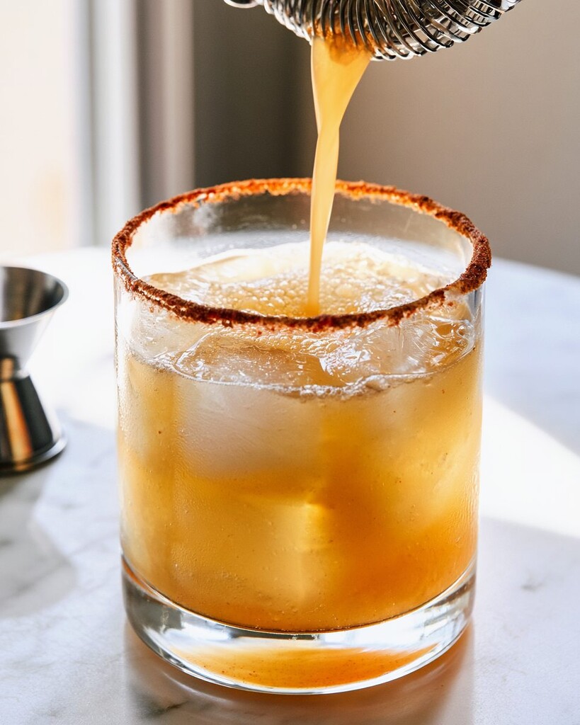 Pouring an amber cocktail through a metal strainer into a rocks glass filled with fresh ice and edged with a spiced rim