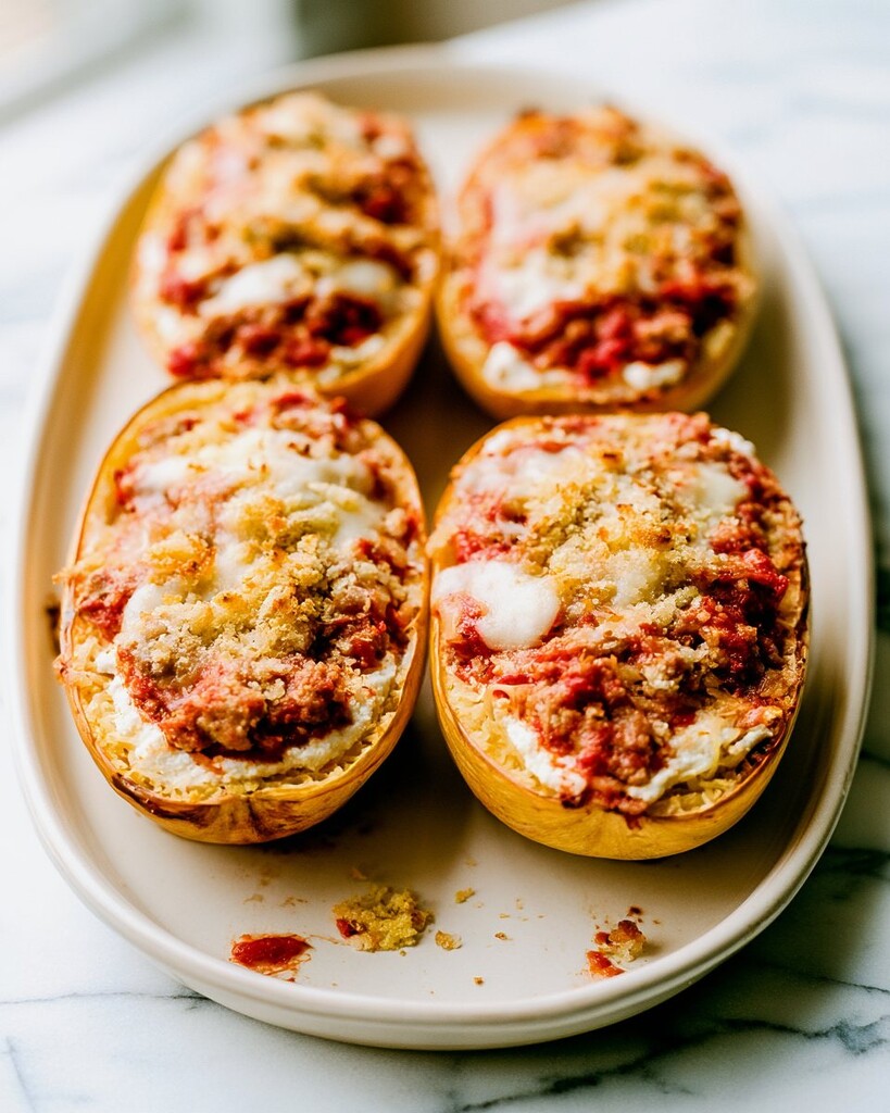 Baked spaghetti squash lasagna boats on a white plate with melted cheese and golden panko crumbs