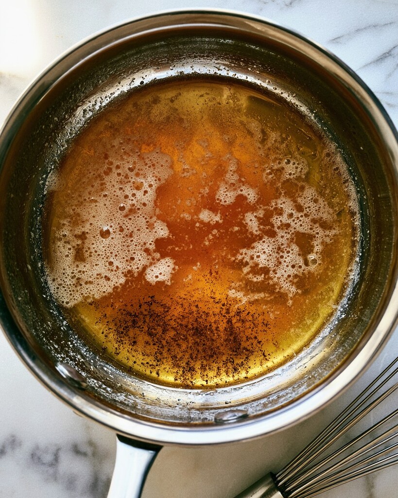 Browned butter in a small metal pot with light foam and dark specks at the bottom