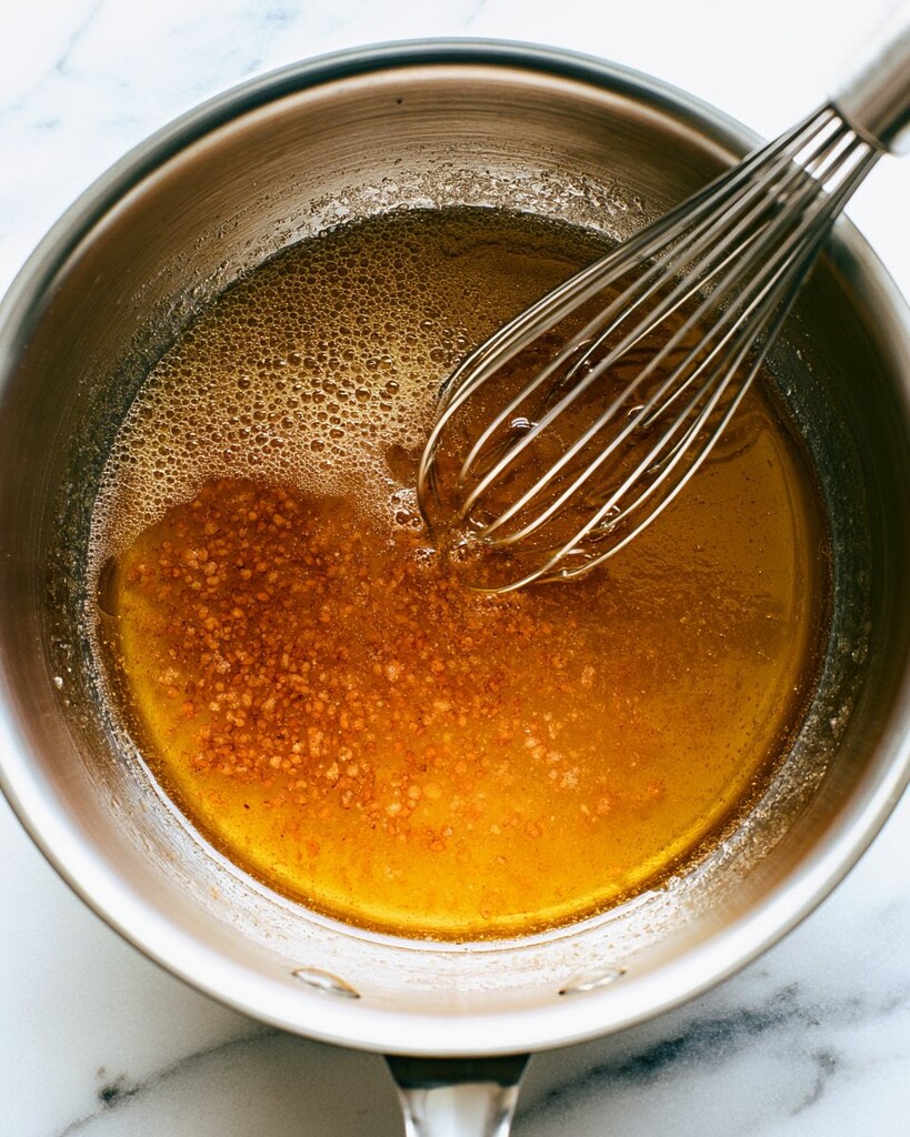 Foaming golden brown butter inside a metal saucepan with a whisk