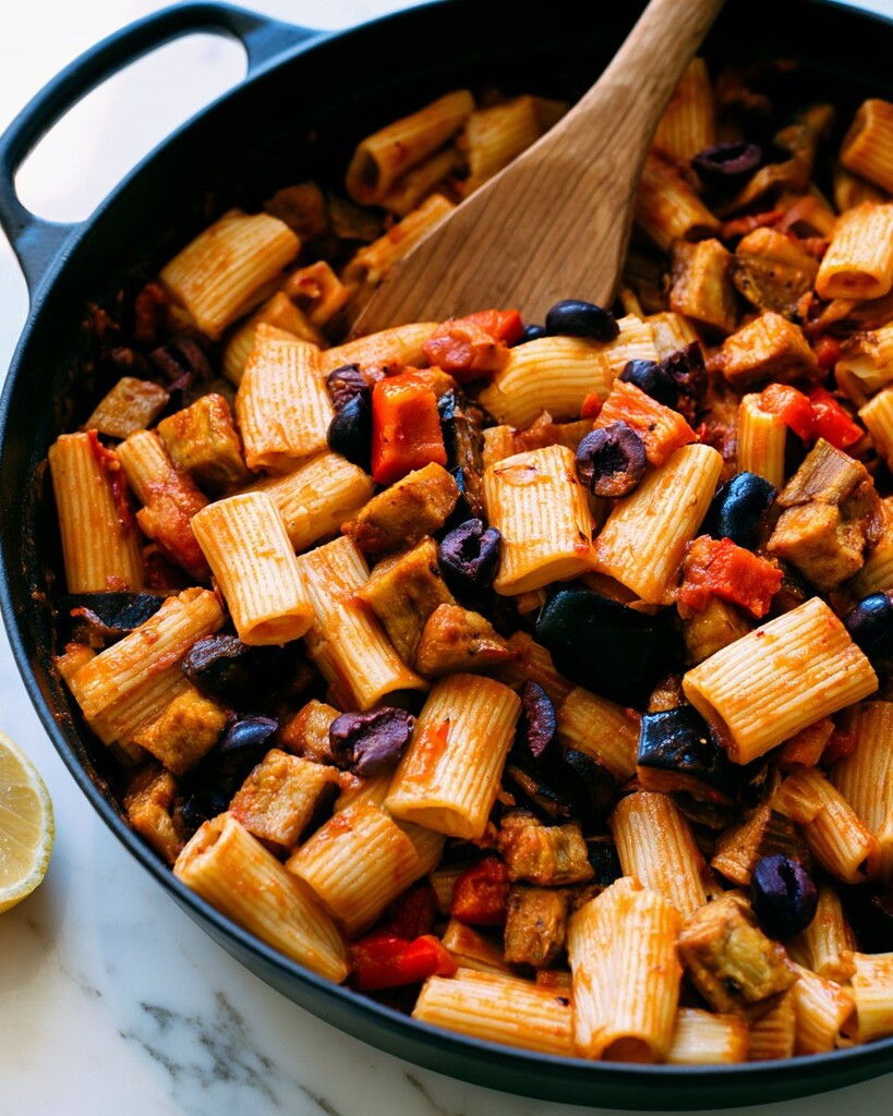 Rigatoni, roasted eggplant, and olives folded into simmering red sauce inside a black skillet
