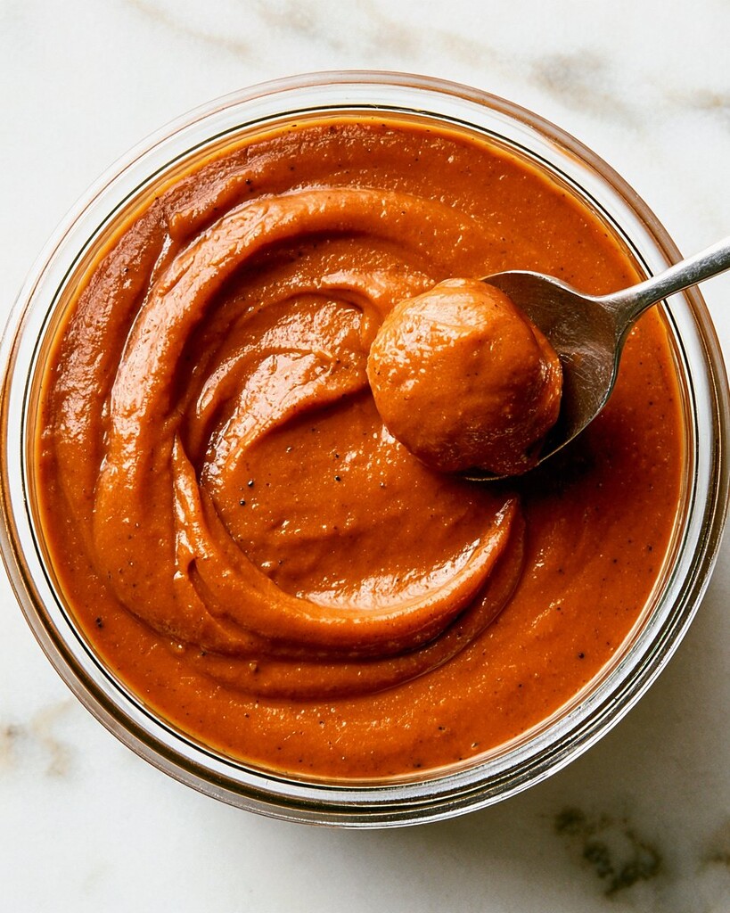 Smooth, dark roasted vanilla bean pumpkin butter displayed in a glass jar with a spoon resting inside
