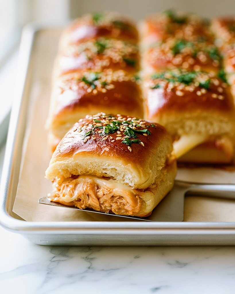 Baked slider pulled apart showing melted cheese, seasoned chicken, and a golden sesame seed crust.