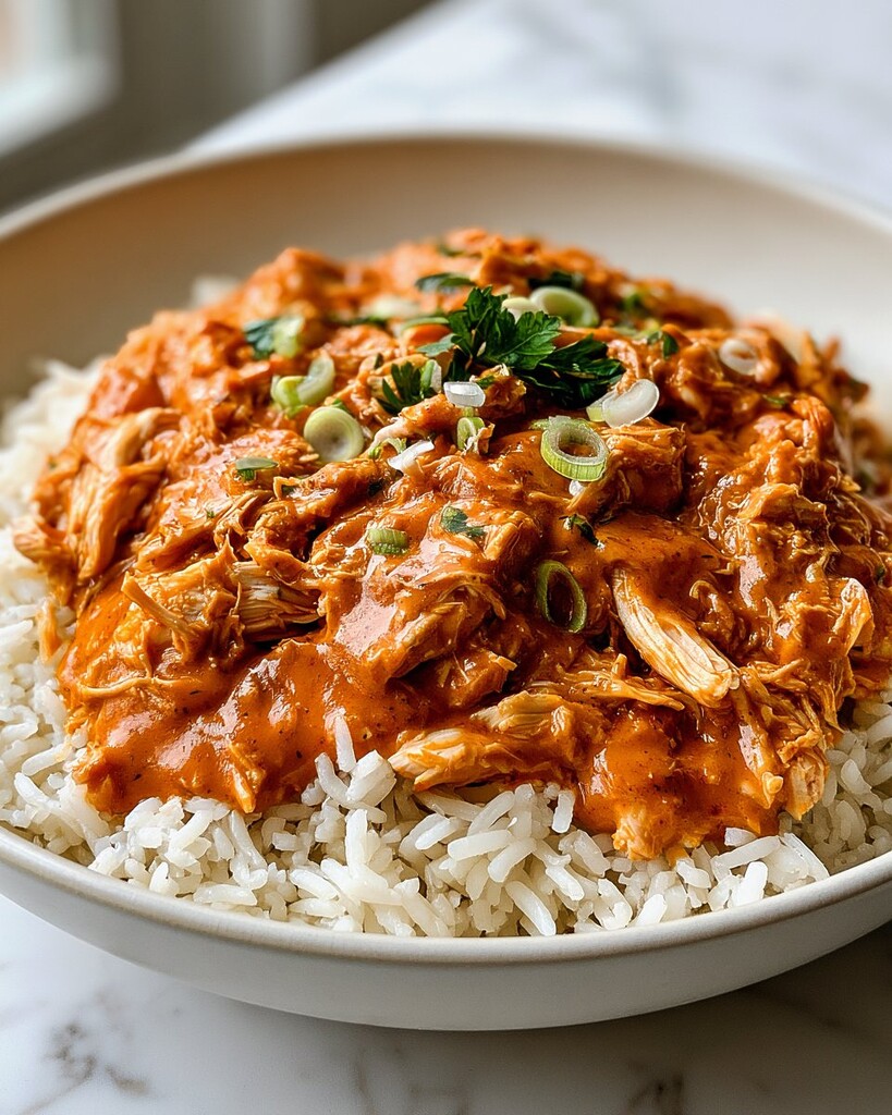 Zoom Img Of Shredded Cajun garlic butter chicken over fluffy white rice in a shallow bowl garnished with green onions and parsley