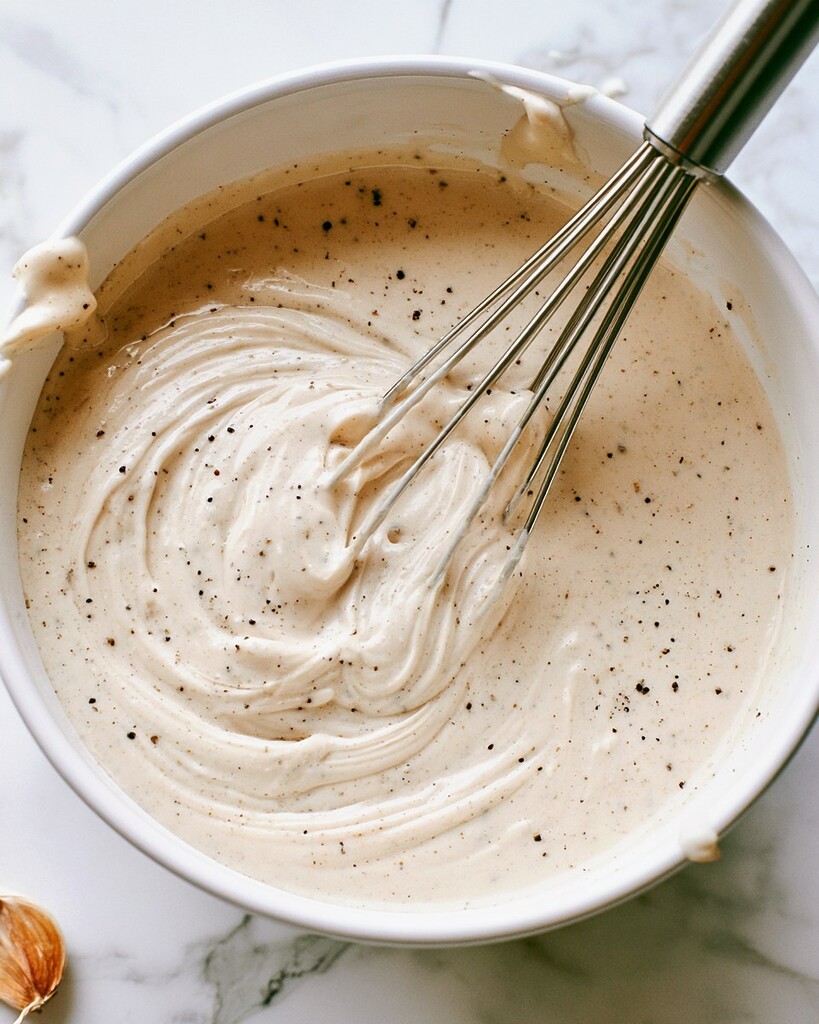 Whisking the creamy pepperoncini salad dressing in a white bowl until smooth