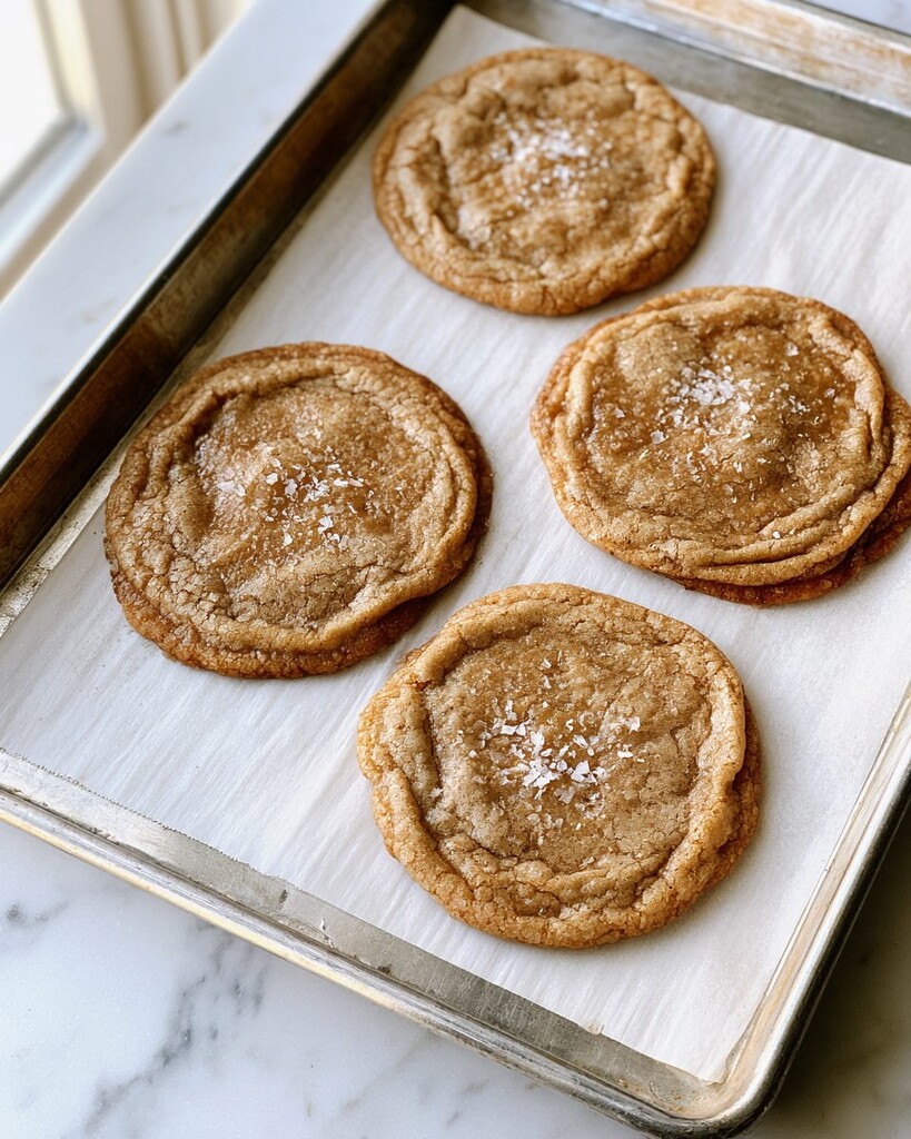 Baked golden cookies with crinkled edges and flaky sea salt resting on a baking sheet