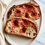 Two slices of pepperoni pizza sourdough on a ceramic plate highlighting the toasted crust