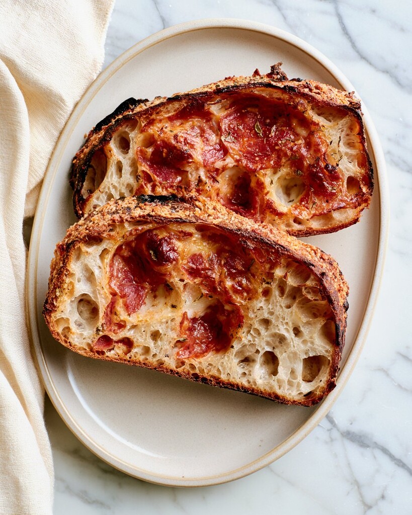 Two slices of pepperoni pizza sourdough on a ceramic plate highlighting the toasted crust