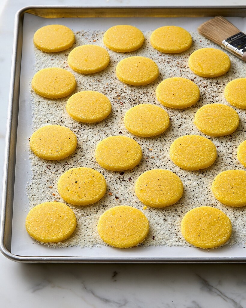 Sliced polenta rounds arranged on top of the grated cheese layer before baking