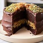 Dubai Chocolate Pistachio Cake That Won't Collapse Sliced Dubai chocolate pistachio cake covered in dark chocolate ganache and chopped pistachios