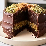 Dubai Chocolate Pistachio Cake That Won't Collapse Sliced Dubai chocolate pistachio cake covered in dark chocolate ganache and chopped pistachios