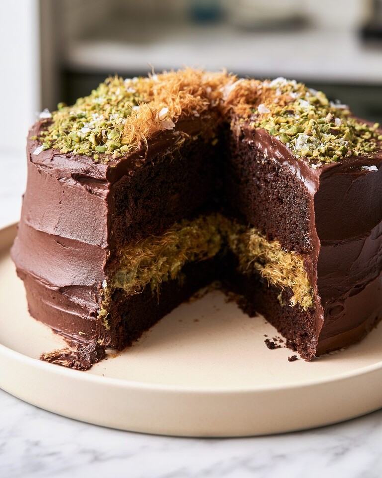 Dubai Chocolate Pistachio Cake That Won’t Collapse Sliced Dubai chocolate pistachio cake covered in dark chocolate ganache and chopped pistachios