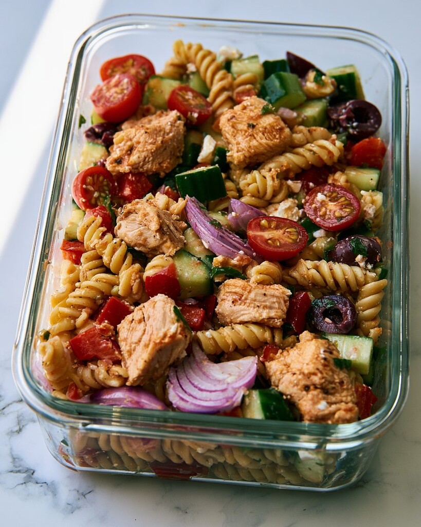 Single clear glass container holding a portion of Greek chicken pasta salad
