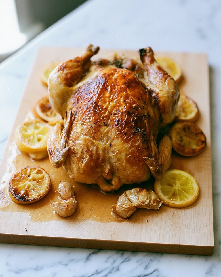 Garlic Herb Roast Chicken: The Two-Temperature Method Garlic herb roast chicken on a wooden cutting board surrounded by blistered lemon slices and roasted garlic