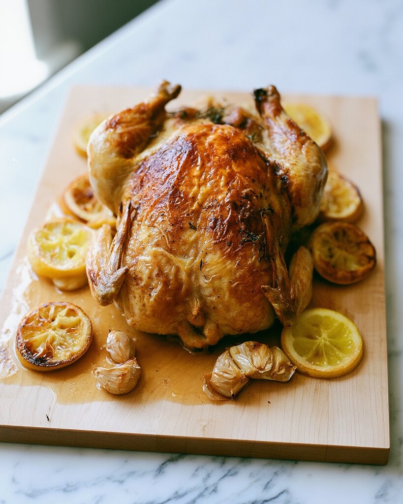 Garlic herb roast chicken on a wooden cutting board surrounded by blistered lemon slices and roasted garlic