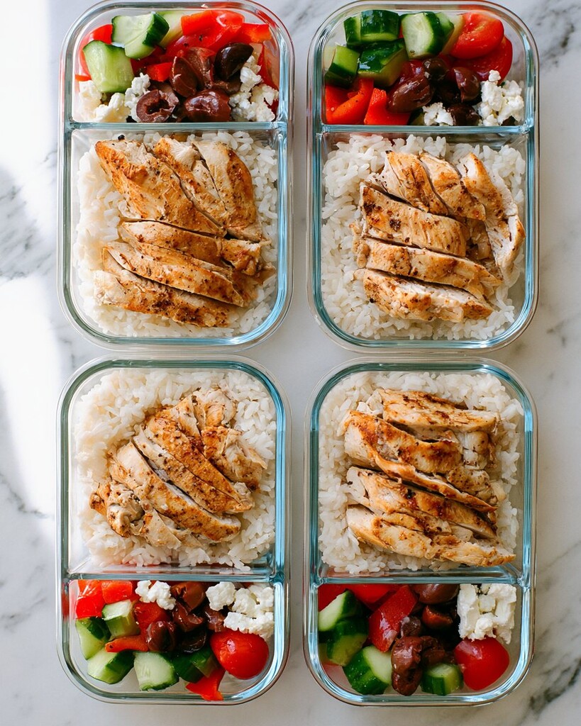 Four glass containers filled with rice, chicken, and side salads on a marble counter